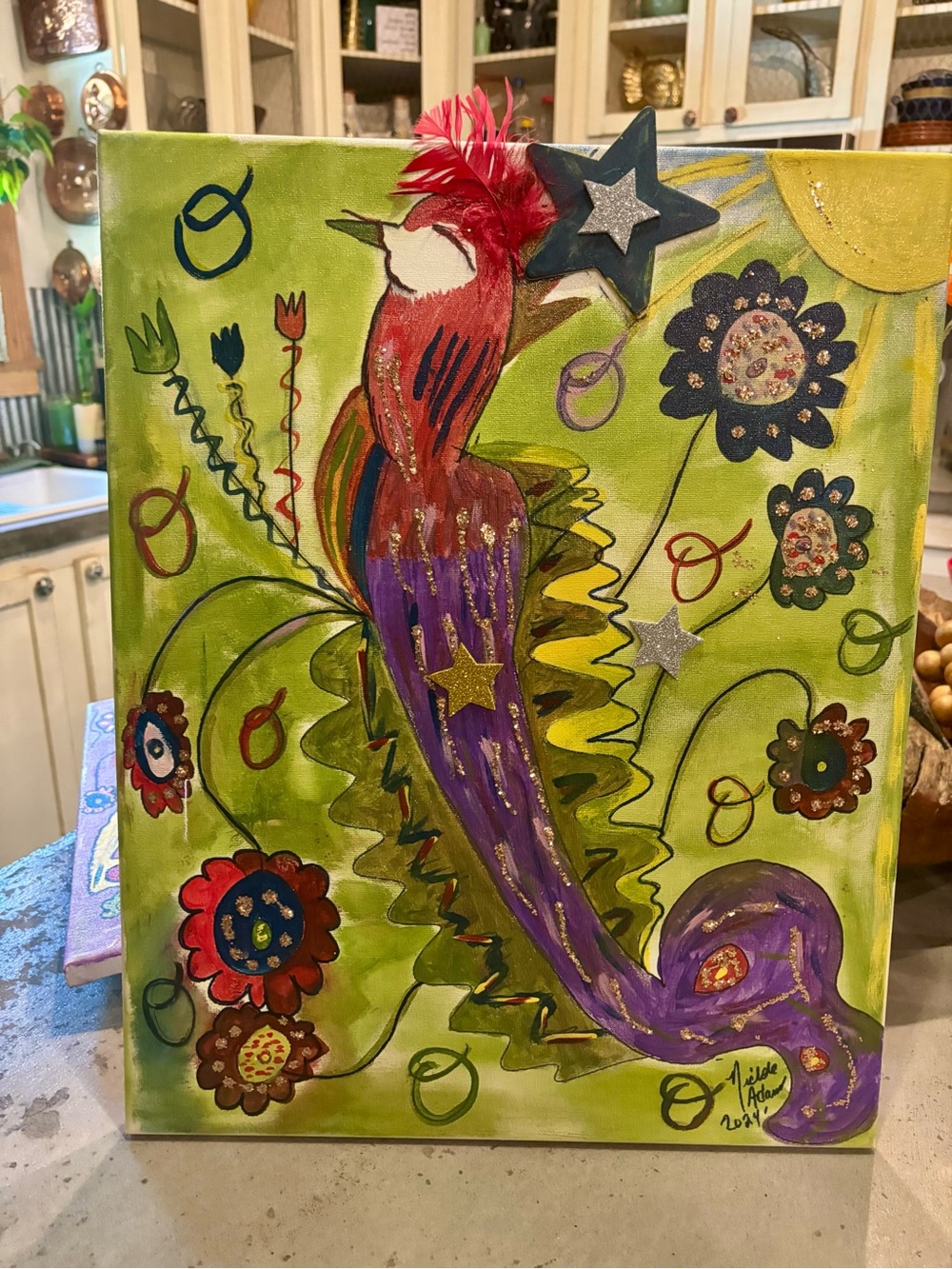 Good size Hand-Painted Green & Purple Bird Canvas Art by (unknown)